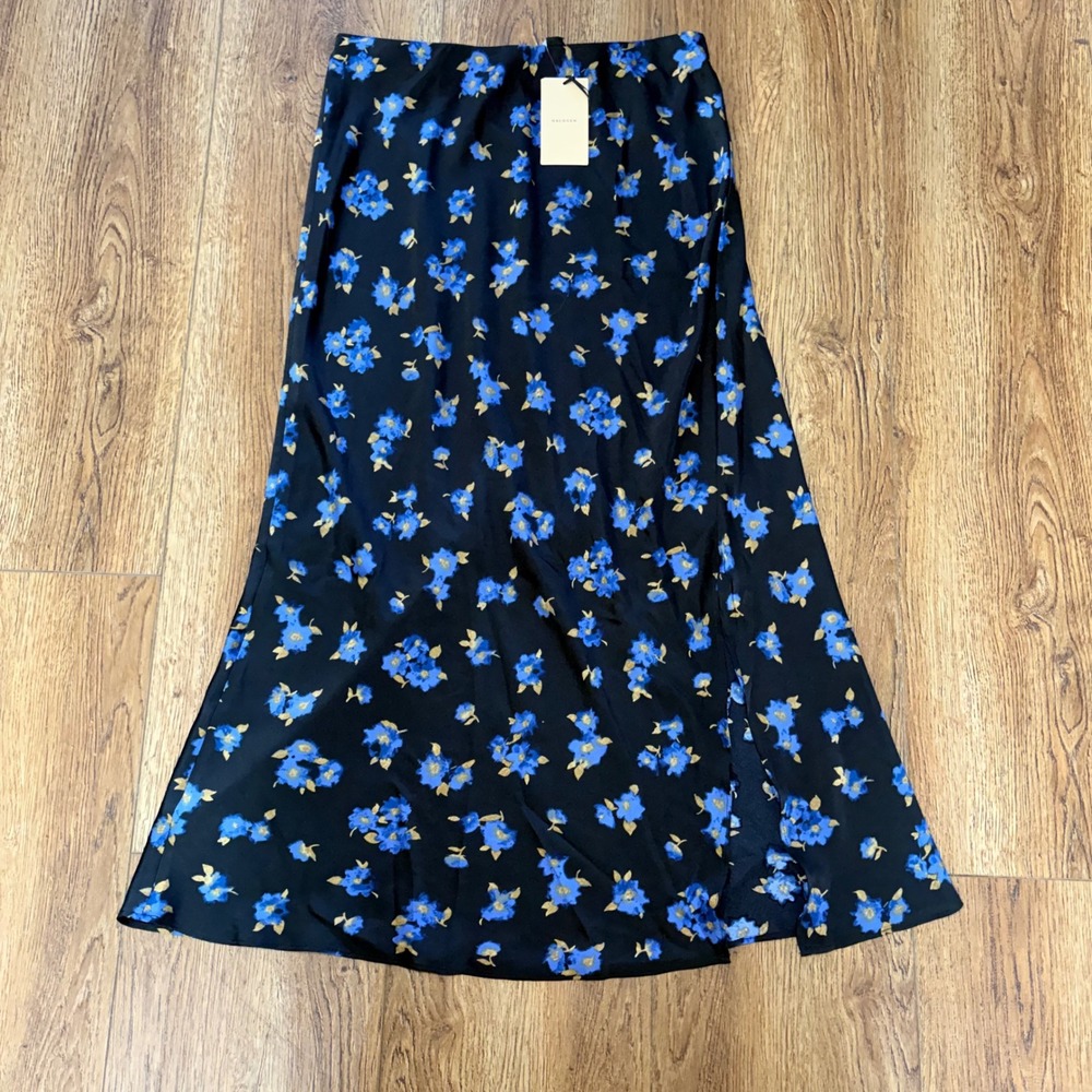 NEW Halogen Black Blue Floral Midi‎ Skirt Side Slit Womens M Whimsigoth Romantic